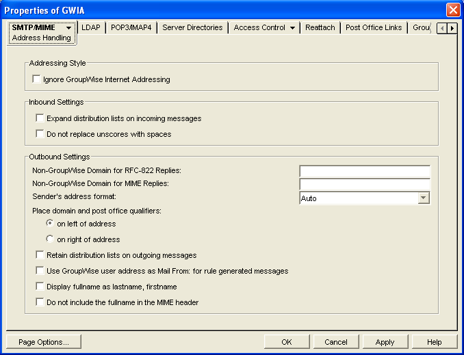 SMTP/MIME Address Handling property page