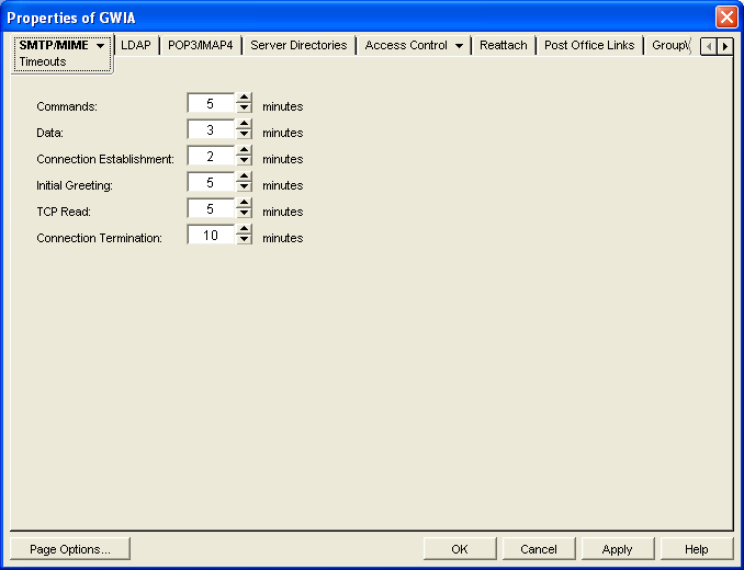 SMTP/MIME Timeouts property page