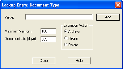 Lookup Entry: Document Type dialog box