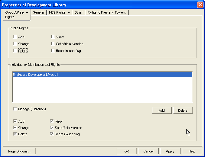 Rights property page with the Engineers group selected to receive rights to the Development library