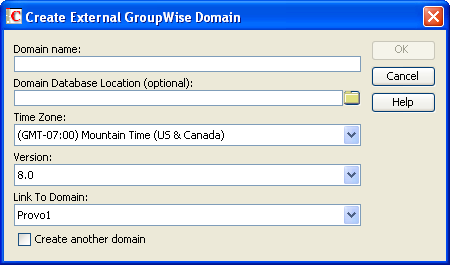 Create External GroupWise Domain dialog box