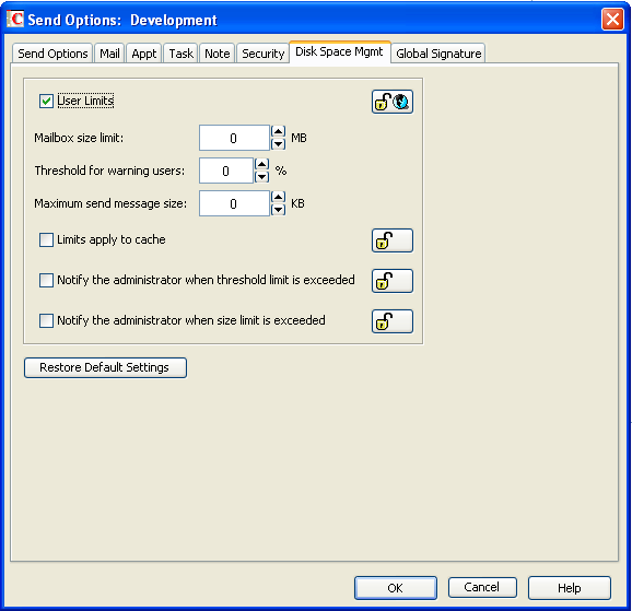 Disk Space Management dialog box