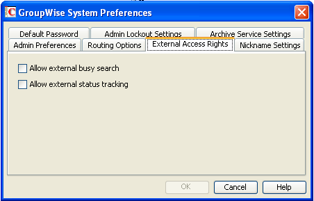 GroupWise System Preferences dialog box with the External Access Rights tab displayed