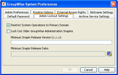 GroupWise System Preferences dialog box with the Admin Lockout Settings tab displayed