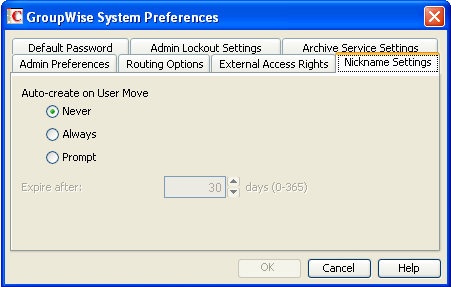 GroupWise System Preferences dialog box with the Nickname Settings tab displayed