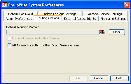 GroupWise System Preferences dialog box with the Routing Options tab displayed