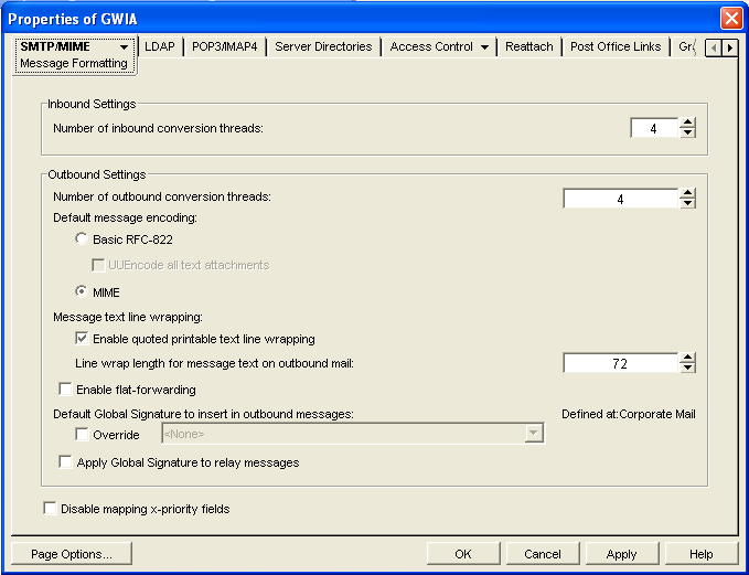 Message Formatting property page of the Internet Agent object