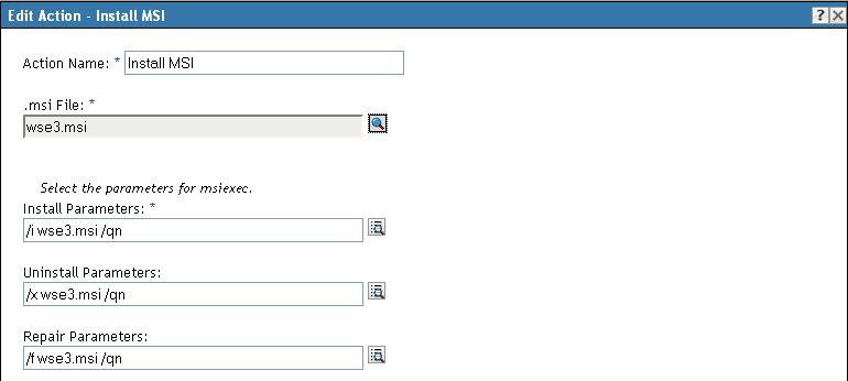 Edit Action - Install MSI dialog box