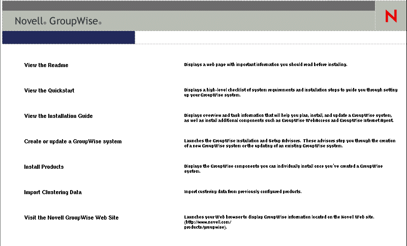 GroupWise Installation program main page