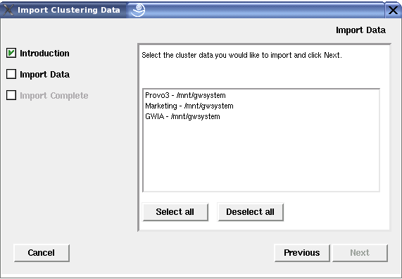 Import Clustering Data page