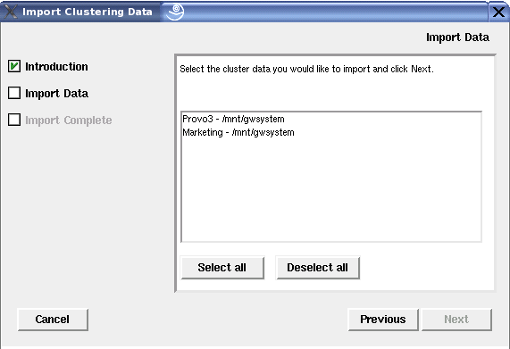 Import Clustering Data page