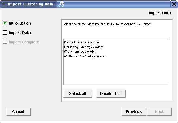 Import Clustering Data page