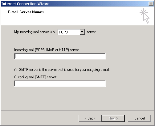 Internet Connection Wizard, E-Mail Server Names page