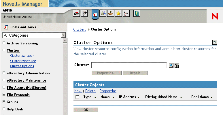 Cluster Options page