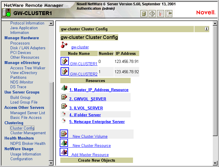 Cluster Configuration page