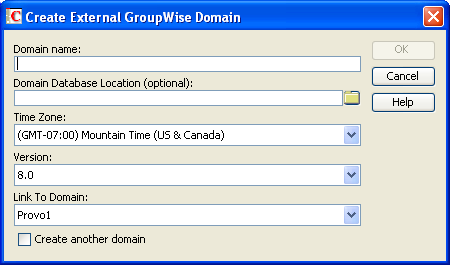 Create External GroupWise Domain dialog box