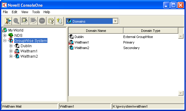 GroupWise View showing Cambridge as an external domain