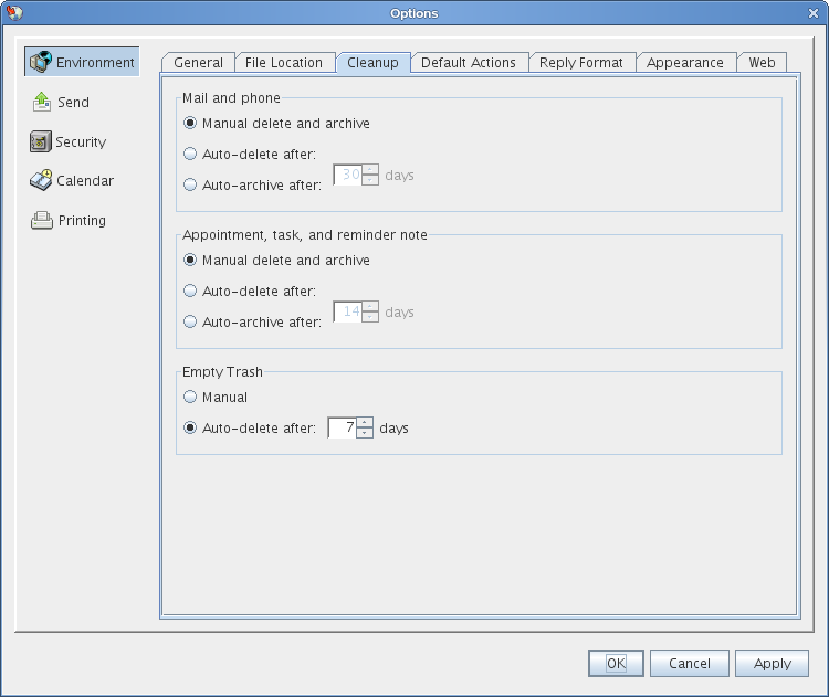 Environment dialog box with the Cleanup tab open