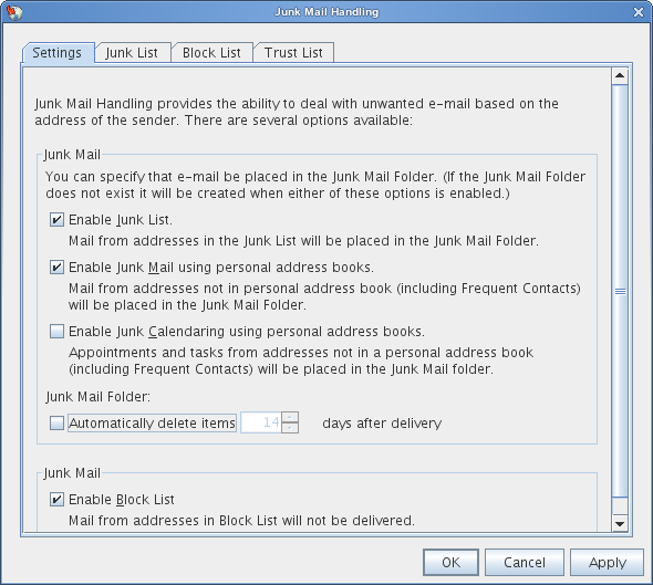 Junk Mail Handling dialog box showing the Settings tab