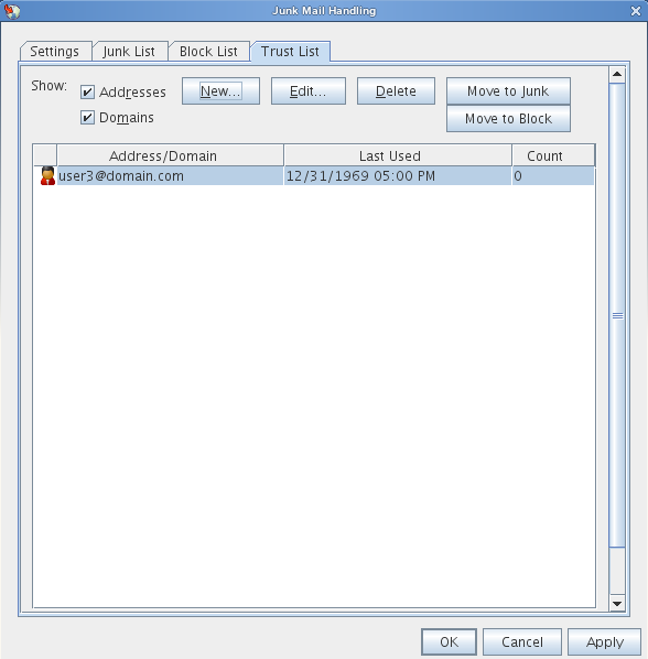 Junk Mail Handling dialog box showing the Trust List tab