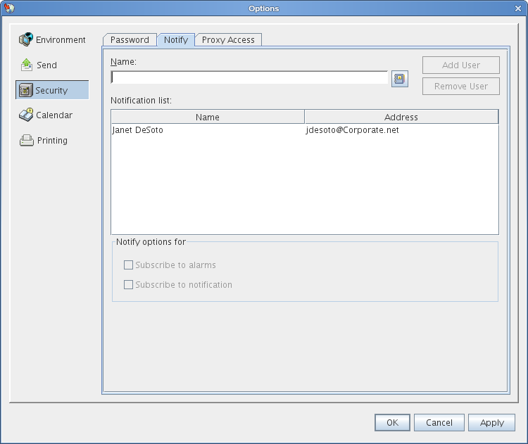 Security Options dialog box with the Notify tab open