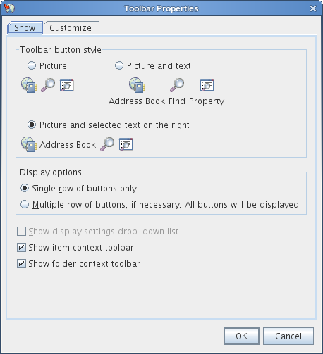 Toolbar Properties dialog box