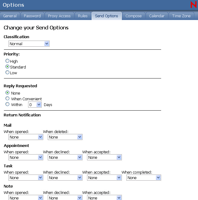 Options view with Send Options selected