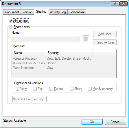 Document Properties dialog box with the Sharing tab open