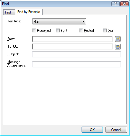 Find dialog box with the Find By Example tab open