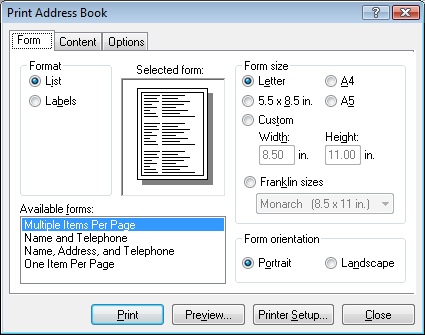 Print Address Book dialog box