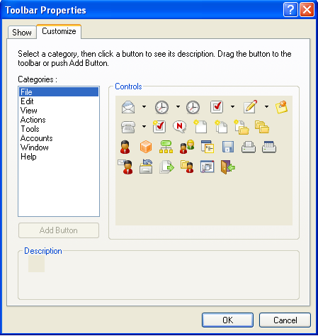 Customize tab of Toolbar Properties