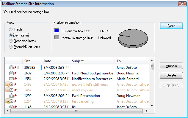 Mailbox Storage Size Information dialog box