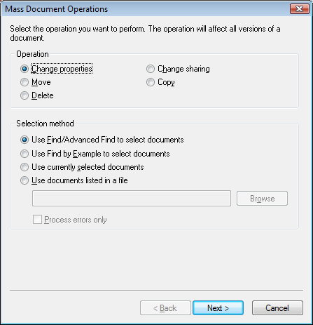 Mass Document Operations dialog box