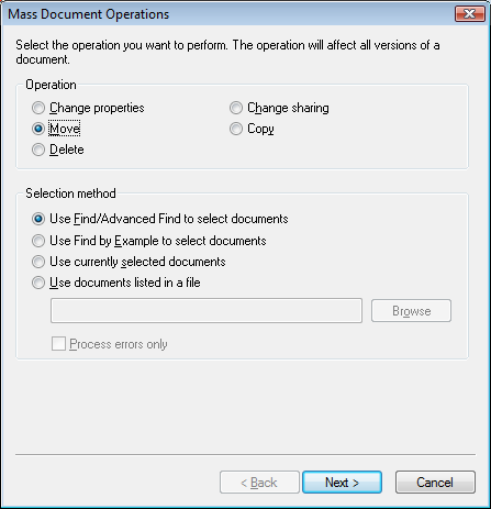 Mass Document Operations dialog box