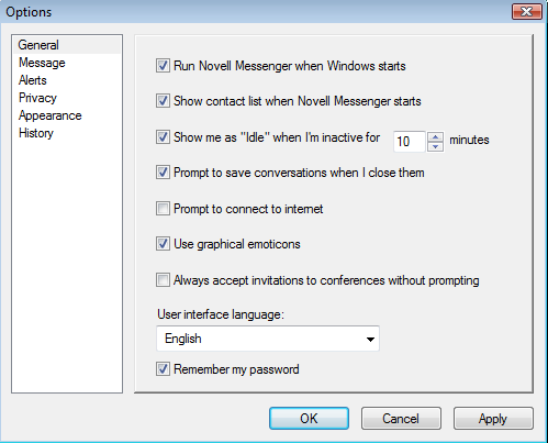 Messenger Options dialog box