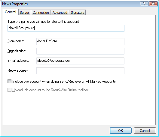 Internet Account General Settings dialog box