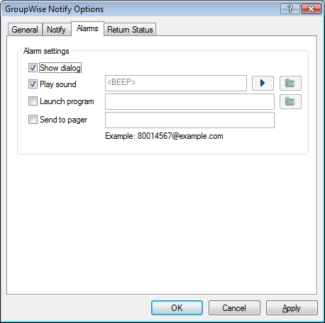Notify Options dialog box with the Alarms tab open