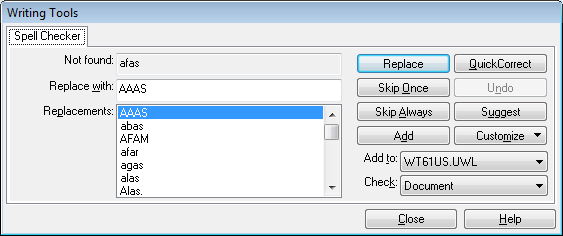 Writing Tools dialog box