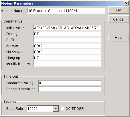 Modem Parameters dialog box