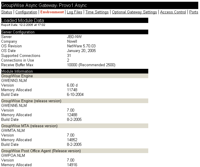 Web console Environment page for NetWare