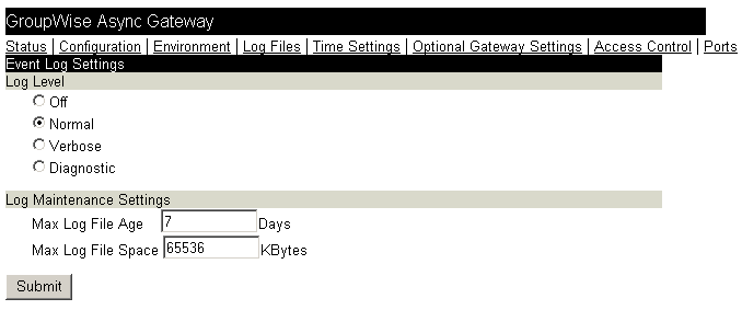 Web console Log Settings page