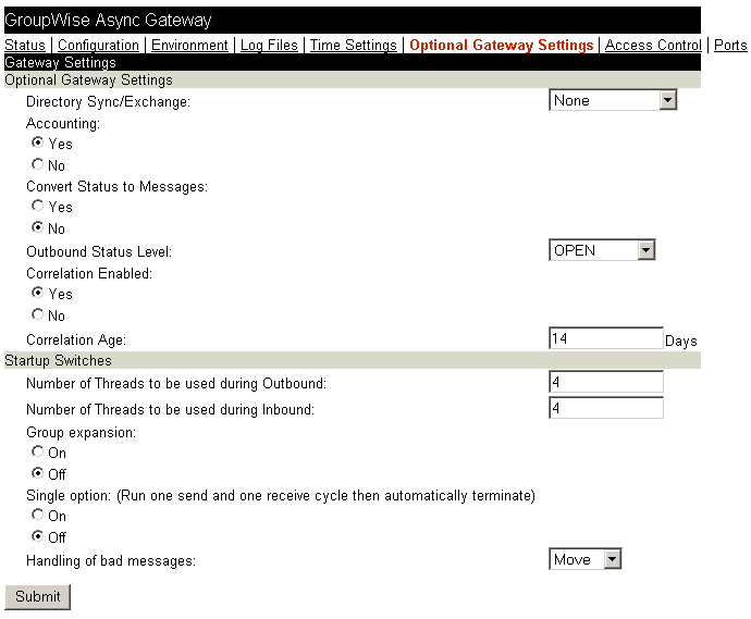 Web console Optional Gateway Settings page