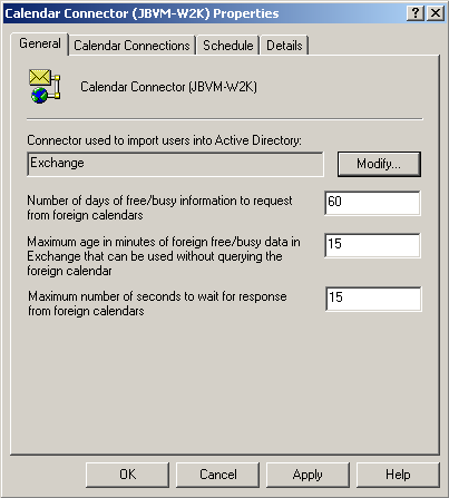 Calendar Connector Properties dialog box