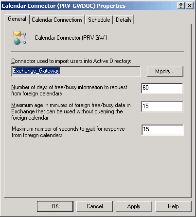 Calendar Connector Properties dialog box