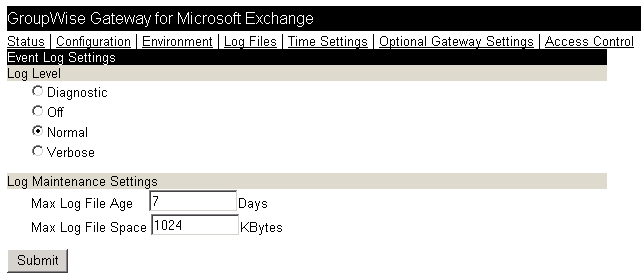 Web console Log Settings page