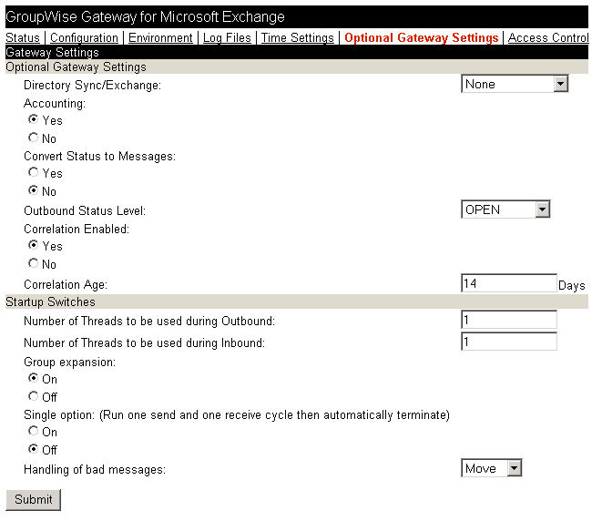 Web console Optional Gateway Settings page