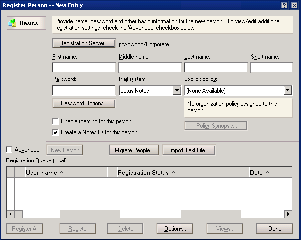 Register Person dialog box