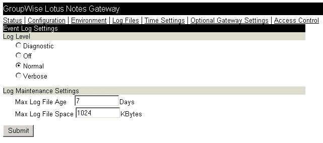 Web console Log Settings page