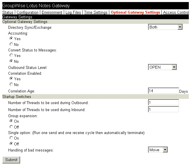 Web console Optional Gateway Settings page