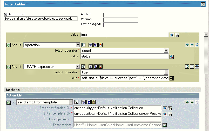 Page for editing a rule, showing the list of actions